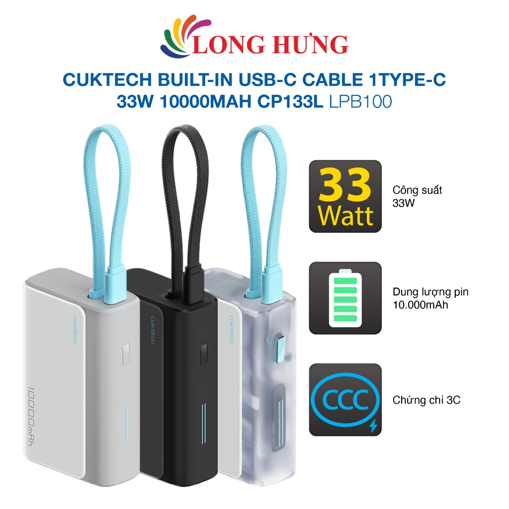 Sạc dự phòng Cuktech Built-in USB-C Cable 1Type-C 33W 10000mAh CP133L LPB100 - Hàng chính hãng