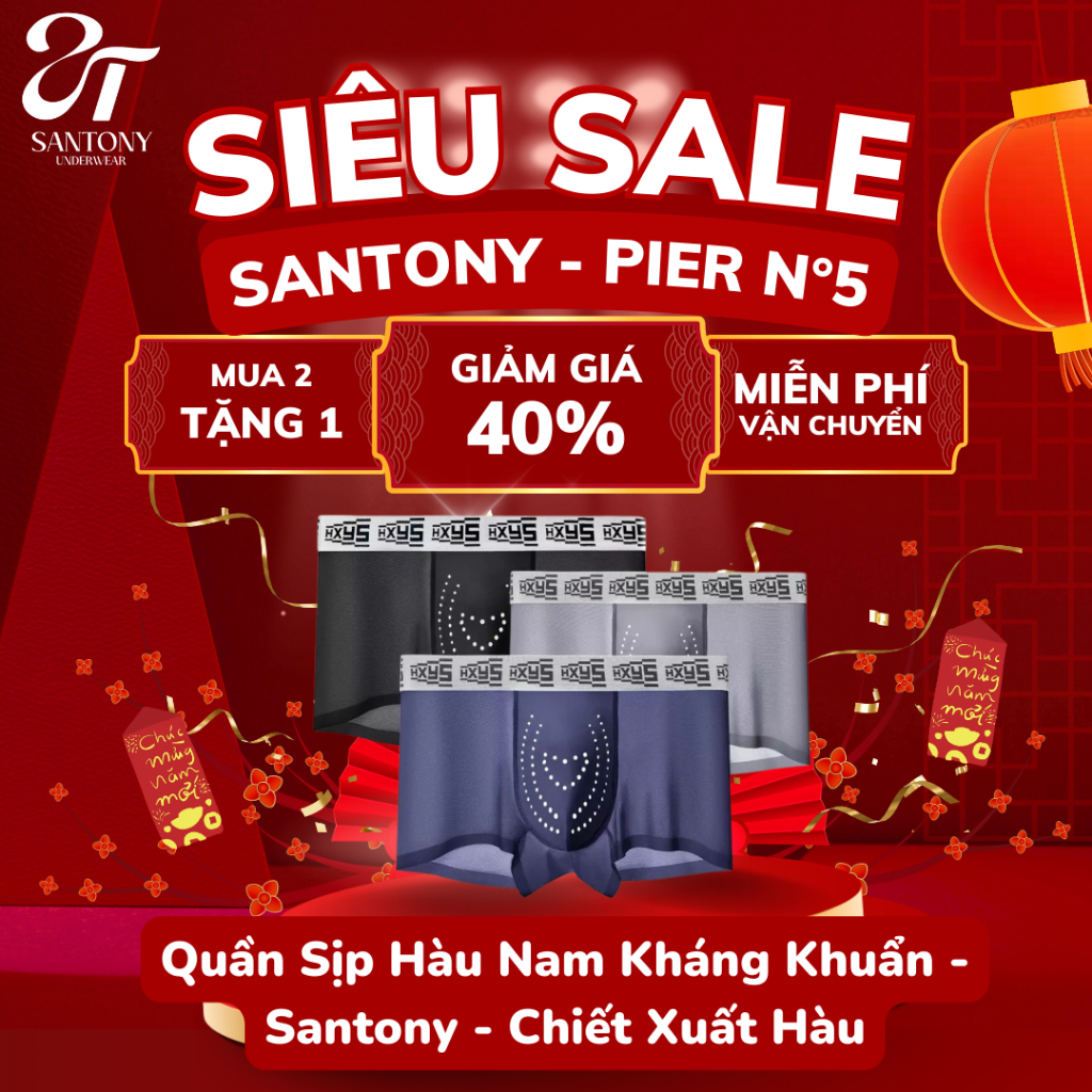 Quần Sịp Nam Boxer Santony - Tinh Chất Hàu Massage - Kháng Khuẩn Ion Âm (Lưới Ánh Bạc) 002