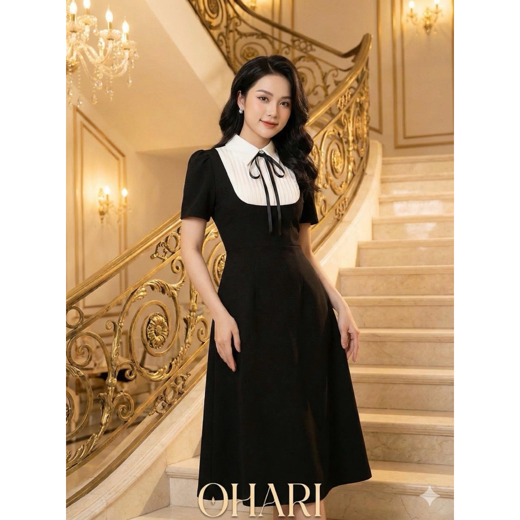 Đầm cổ sơ mi giả yếm, Đầm công sở thiết kế dáng chữ A