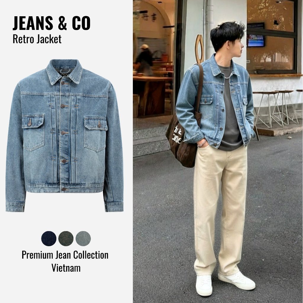 Jeans Jacket - JEANS & CO -  Áo Khoác RETRO XANH Form Rộng Màu Indigo, Dusty Blue