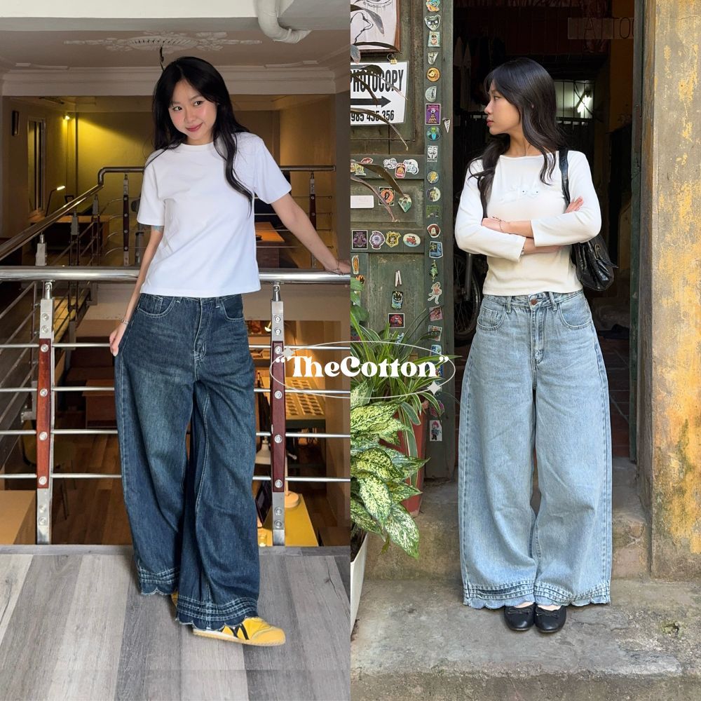 Quần jeans ống rộng vải mềm mịn TheCotton quần bò ống suông viền gấu hoa | BigBuy360 - bigbuy360.vn