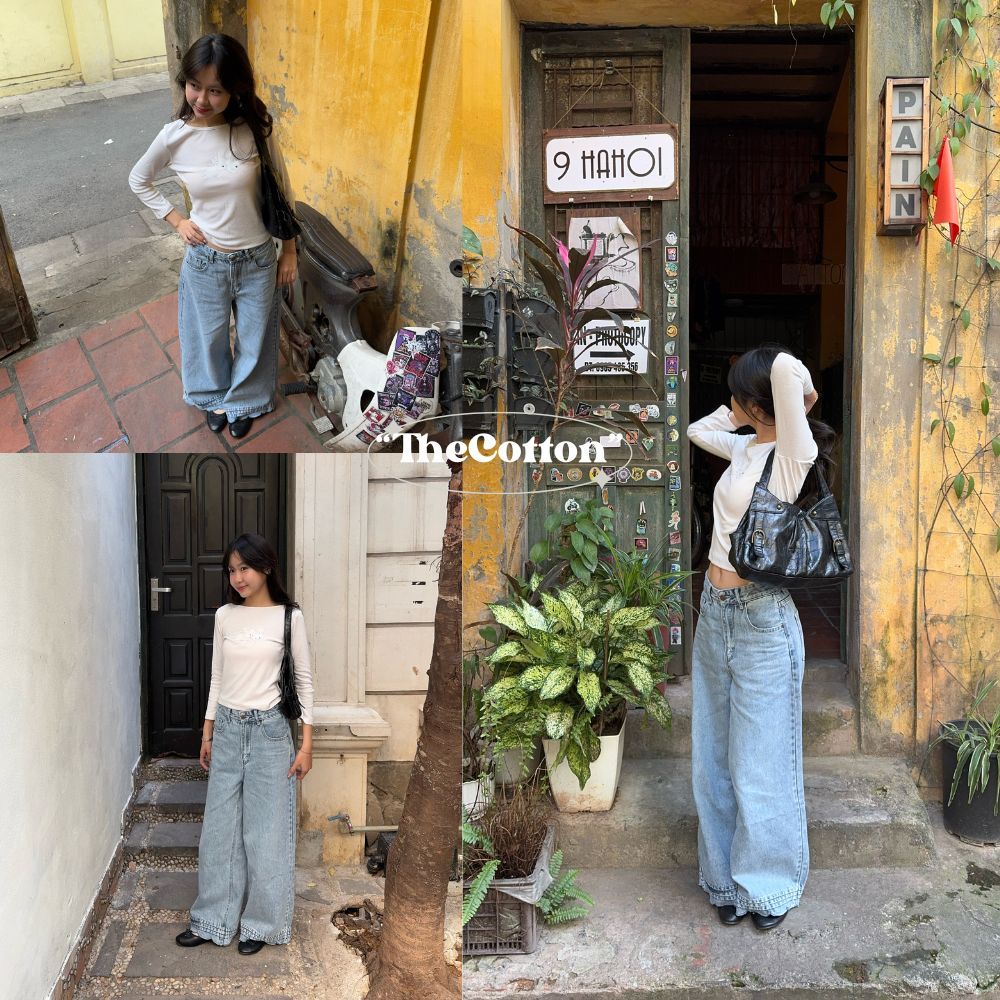 Quần jeans ống rộng vải mềm mịn TheCotton quần bò ống suông viền gấu hoa | BigBuy360 - bigbuy360.vn