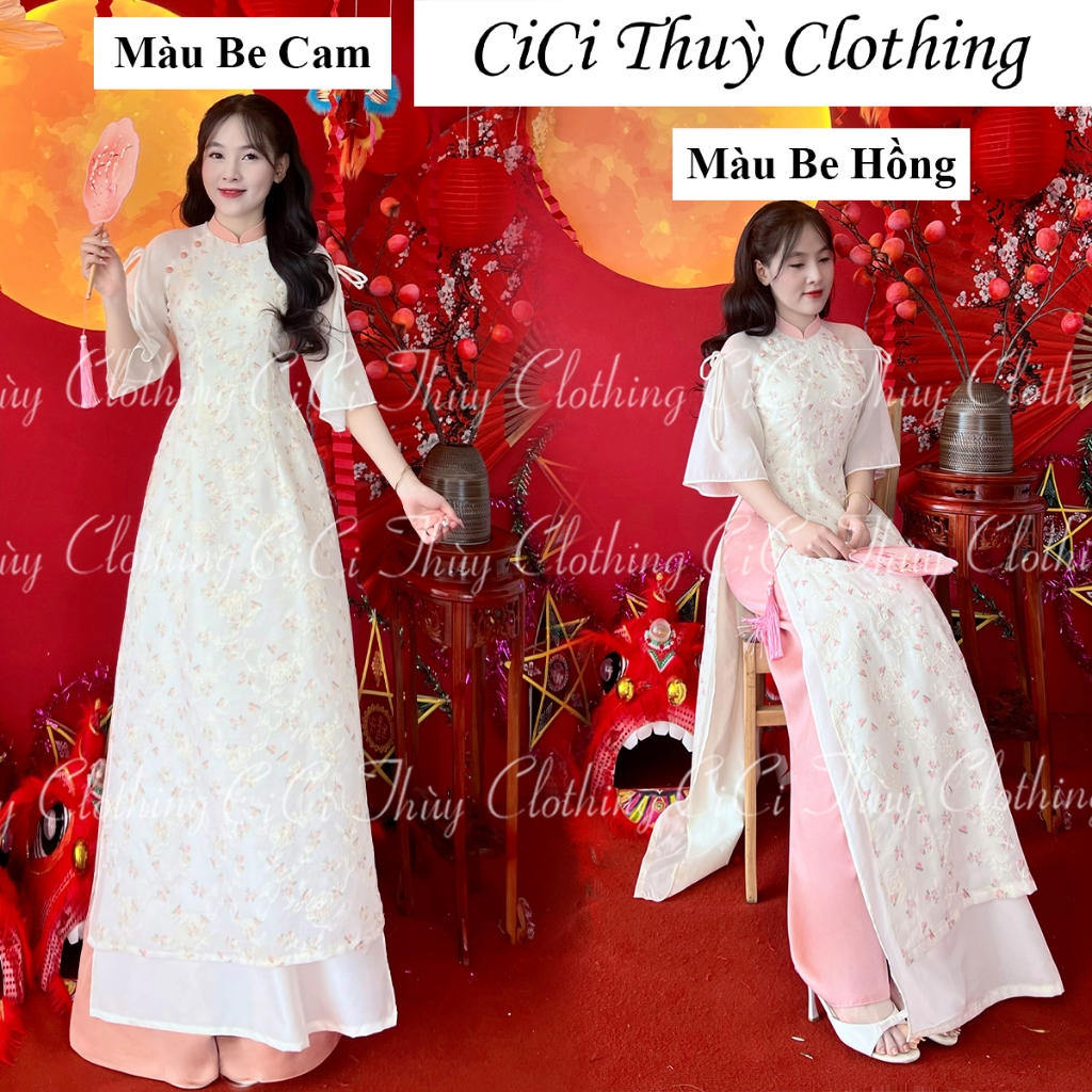 Áo Dài Tết - Áo Dài Tường Vy Áo Dài Tơ Thêu In Hoa Dáng Eo Tay Đính Nơ Cúc Bọc - CiCi Thuỳ Clothing