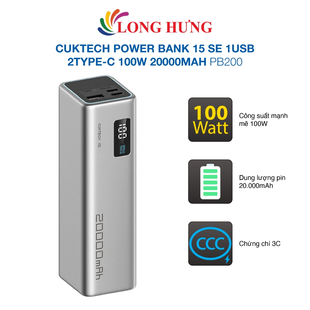 Sạc dự phòng Cuktech Power Bank 15 SE 1USB 2Type-C 100W 20000mAh PB200 - Hàng chính hãng