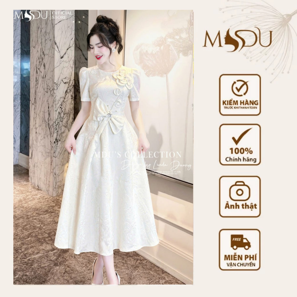 Váy Tiểu Thư MDU4424 Chất Liệu Gấm Milan Họa Tiết Hoa Cùng Thắt Nơ Eo Tinh Tế Từ MDU