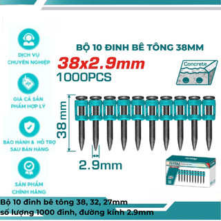 Bộ 10 đinh bê tông 38, 32, 27mm, 1000 đinh, đường  kính 2.9mm TOTAL TAC02271 TAC02321 TAC02381