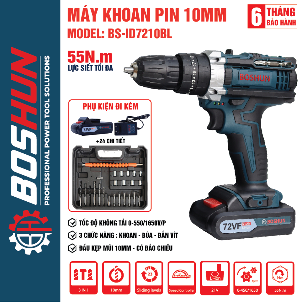Máy Khoan pin Boshun BS-ID7210BL / Lực 55Nm / 3 chức năng có búa / tặng kèm bộ phụ kiện 24 chi tiết