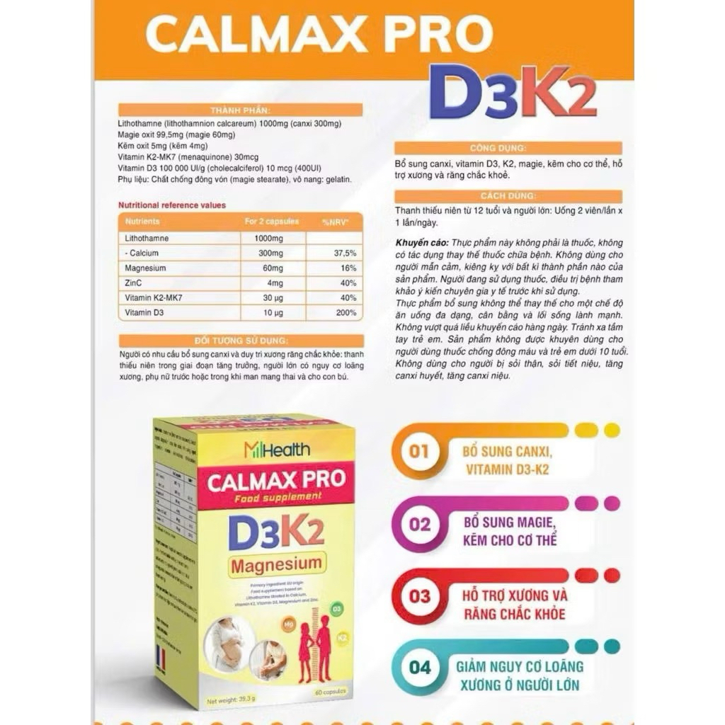 Viên uống Mhealth Calmaxpro D3K2 bổ sung canxi, vitamin  D3 K2 - Hỗ trợ xương răng chắc khoẻ