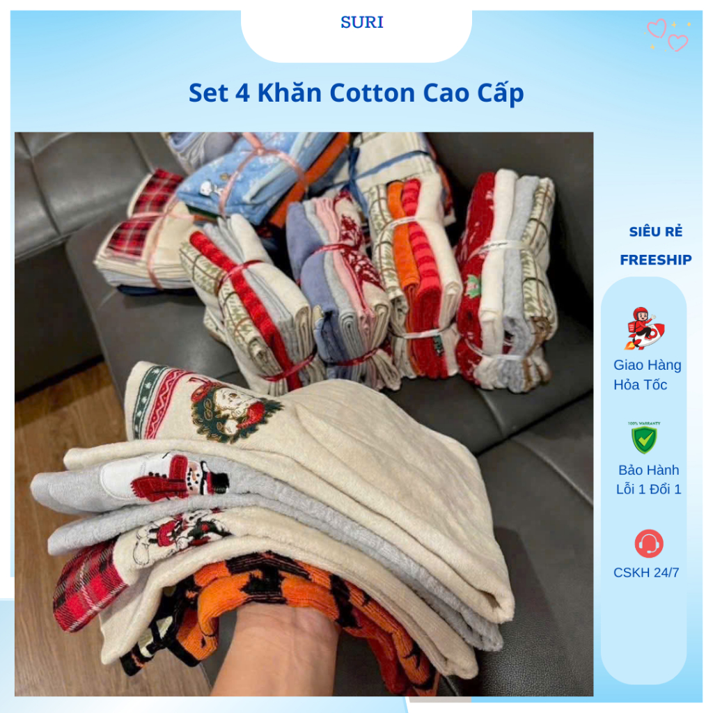 Set 4 Khăn Gội / Khăn Mặt KOHL’s Xuất Mỹ – Khăn Bông Cotton Cao Cấp 40x65cm – Mẫu Noel Giáng Sinh