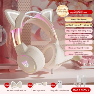 Tai nghe Chụp tai Chơi game âm thanh nổi ONIKUMA X15 tai Mèo Màu Hồng Trắng, Có Micrô/ Đèn RGB, cho PC/ Máy tính/ Laptop