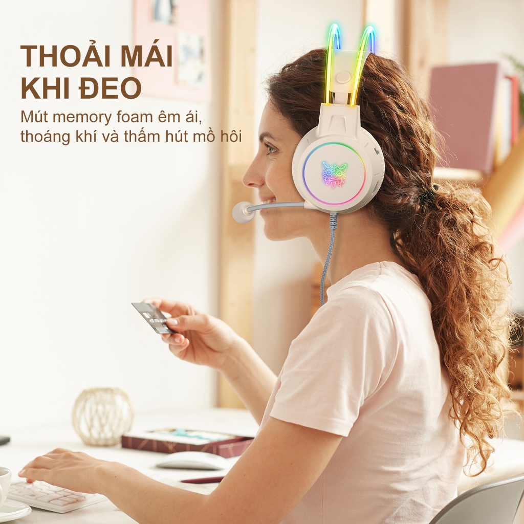 Tai nghe Chụp tai Chơi game âm thanh nổi ONIKUMA X15 tai Mèo Màu Hồng Trắng, Có Micrô/ Đèn RGB, cho PC/ Máy tính/ Laptop | BigBuy360 - bigbuy360.vn