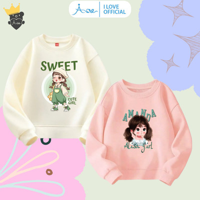 [MỚI] AORE-Áo SWEATER in hình Bé Gái Dễ Thương, Áo nỉ dài tay cổ tròn chất nỉ da cá mềm mịn cho bé gái 10-34kg