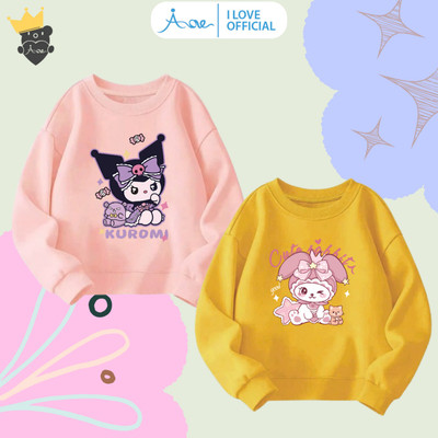 [MỚI] Áo SWEATER cho bé gái AORE, Áo nỉ dài tay cổ tròn chất nỉ da cá in hình KUROMI, CHÚ THỎ MELOLY 9-35kg