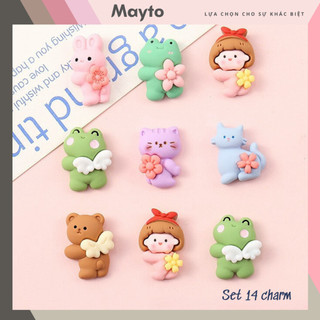 Set 14 Sticker, Charm 3D chủ đề ếch xanh Mayto gắn Dép Sục, Cá Sấu JB-181