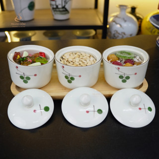  Khay đựng bánh kẹo tết bằng sứ Bát Tràng bộ 3 hũ đựng mứt ngày tết kèm khay gỗ vẽ hoa thủ công cao cấp sang trọng 