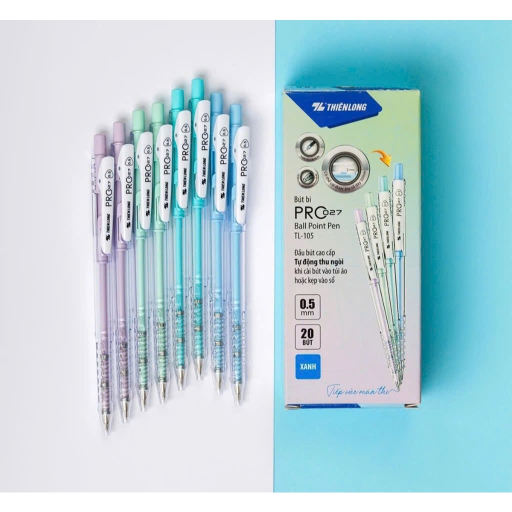 Hộp 20 Bút bi 027 PRO, Thiên Long 105 ngòi cao cấp 0.5mm thân bút màu thời trang viết êm , viết bi 0
