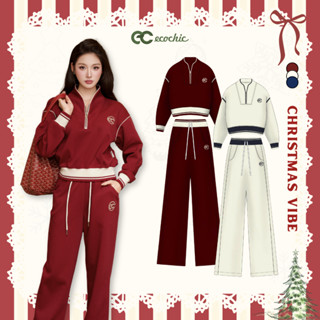  Set Bộ Nỉ Mịn ECOCHIC Áo Crop Cổ Khoá Zip Phối Viền Quần Suông Chất Liệu Cao Cấp Chính Hãng HNH B205 