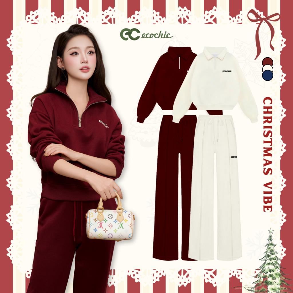 Set Bộ Nỉ Lông Nhung ECOCHIC GRAVITY SET Cổ Khoá Halfzip Quần Ống Suông Cao Cấp Chính Hãng HNH B200