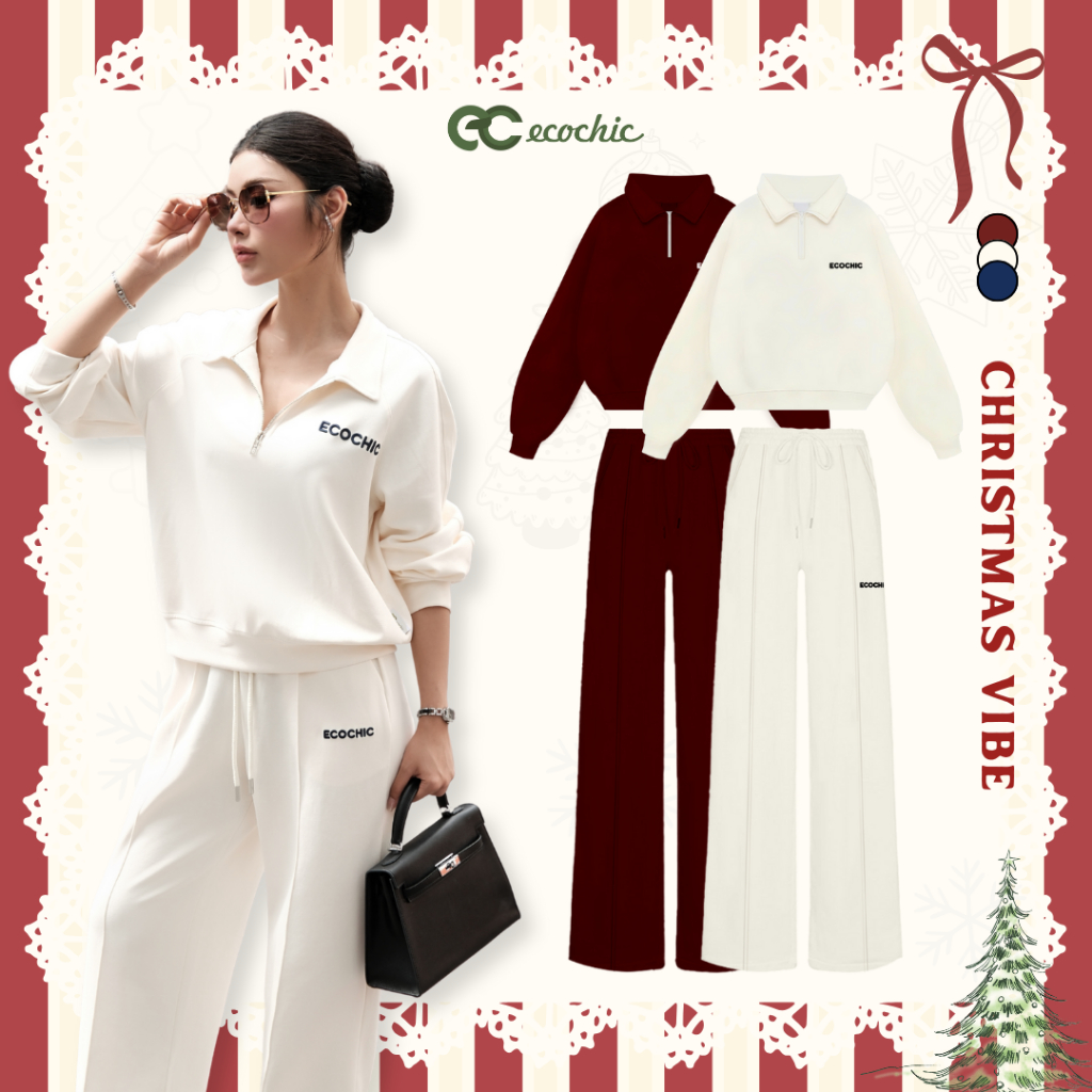 (Tặng túi) Set Bộ ECOCHIC ETERNAL WINTER Áo Crop Halfzip Quần Suông Dây Rút Cạp Cao Chất Liệu Vải Sợ