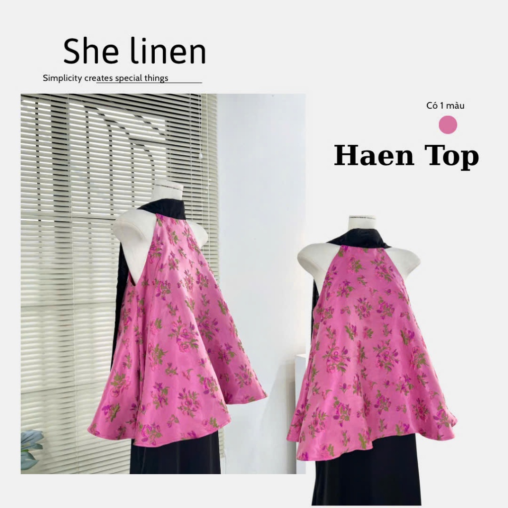 HAEN TOP – Áo Yếm Gấm Hoa Phối Đen Hồng, Áo Yếm Tết Dáng A Có Lót, Freesize She Linen