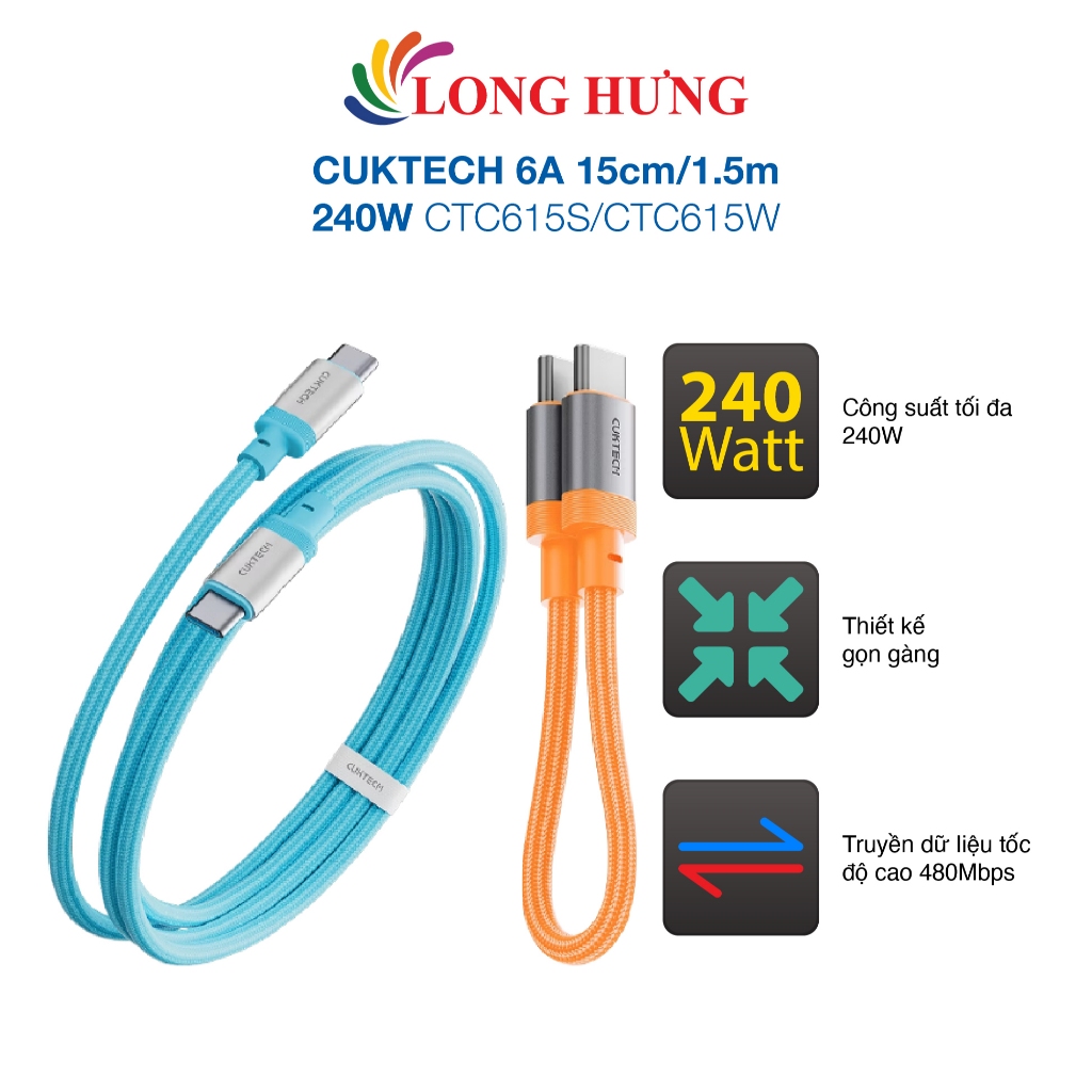Cáp USB Type-C to Type-C Cuktech 6A 240W 15cm CTC615S/1.5m CTC615W - Hàng chính hãng