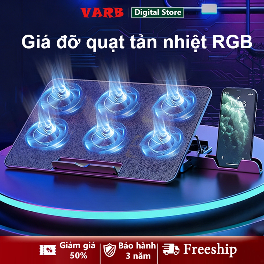 Đế tản nhiệt laptop gaming 6 quạt giá đỡ latop LED RGB 7 mức độ cao giúp làm mát nhanh tránh giật la