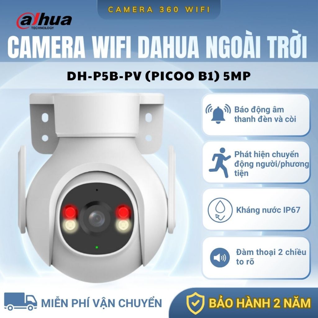Camera Wifi Dahua Ngoài Trời DH-P5B-PV PICOO B1 5MP, Quay Quét 360, Còi Đèn Chống Trộm, Chống Nước I