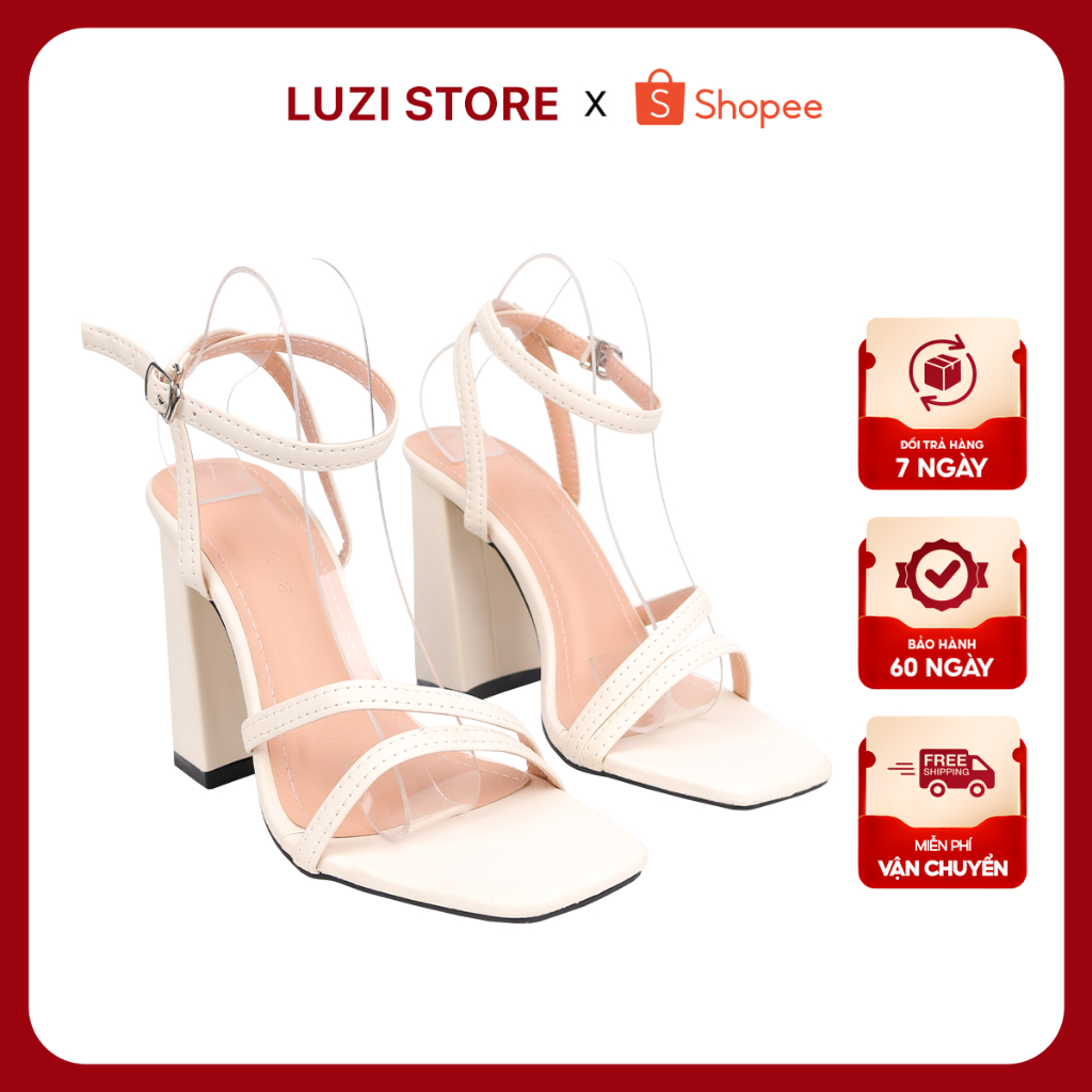 Giày cao gót nữ Luzi đế trụ vuông cao 10P, Sandal cao gót mũi vuông quai ngang da mảnh M184