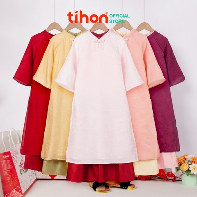 Áo dài bé gái TIHON cao cấp chất liệu lụa mềm mại, phong cách truyền thống cực dễ thương SET0744074