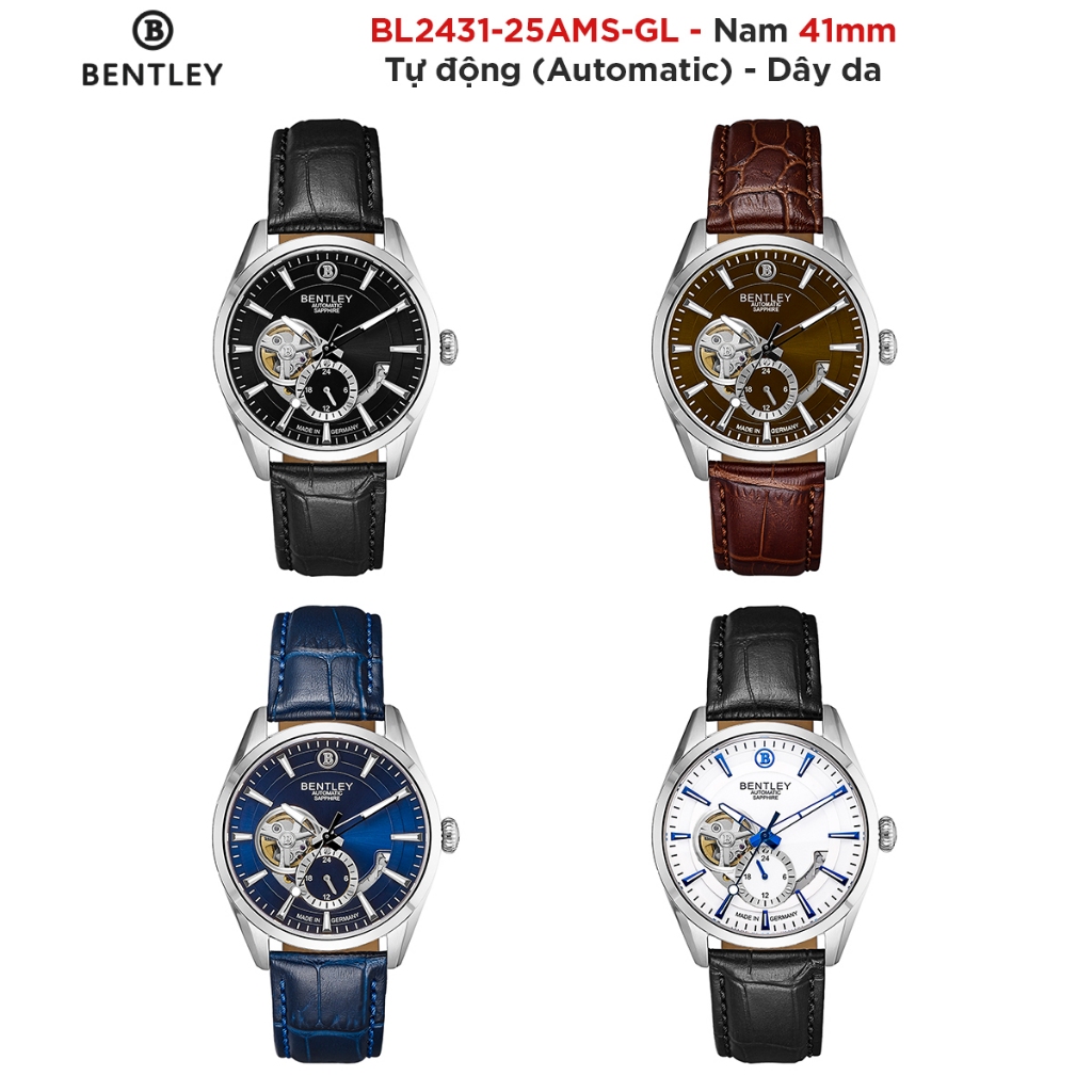 Đồng hồ Bentley Nam Dây da BL2431-25 (BL1831-25) vỏ trắng mặt Đen / Nâu / Xanh / Trắng