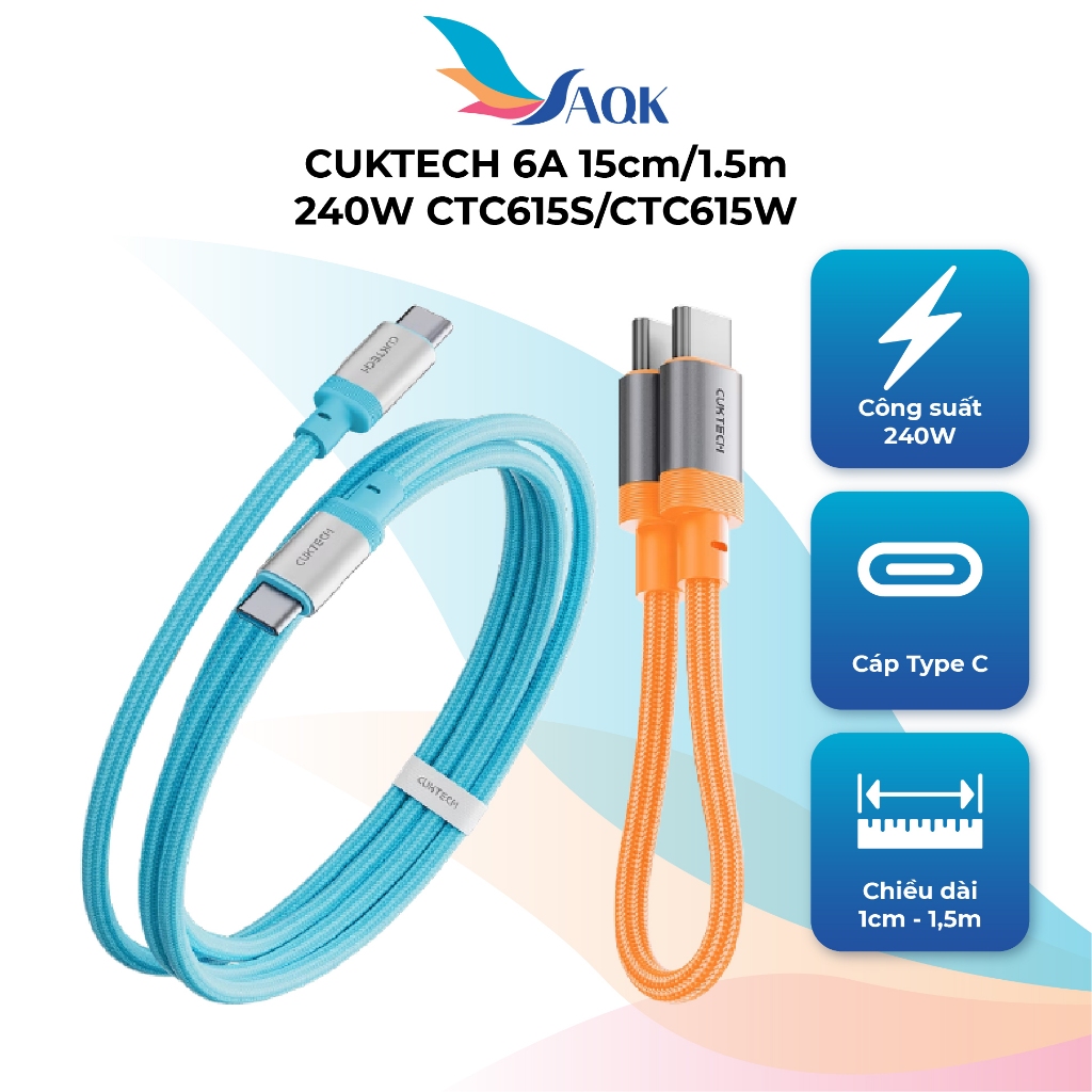 Cáp USB Type-C to Type-C Cuktech 6A 240W 15cm CTC615S/1.5m CTC615W - Hàng chính hãng