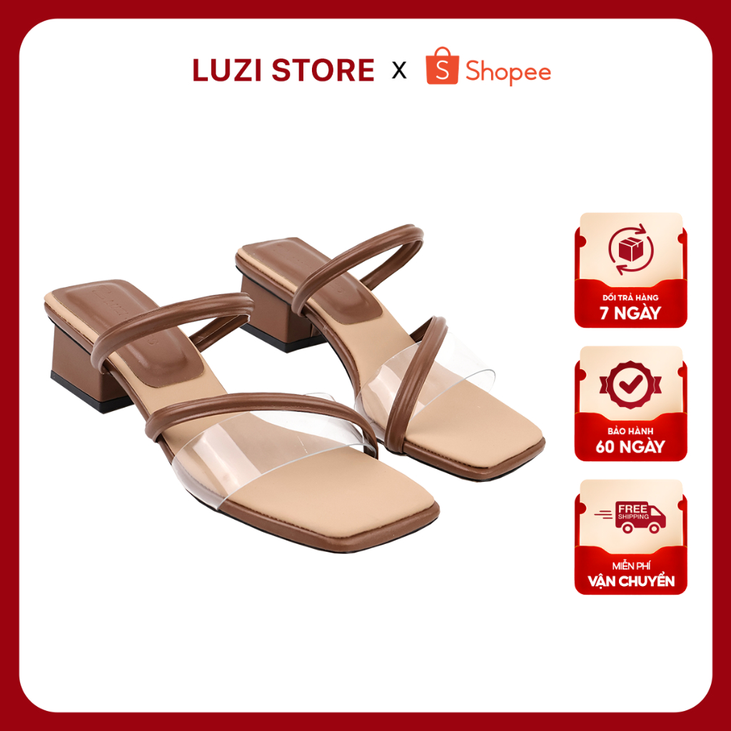 Guốc cao gót nữ Luzi Shoes đế trụ vuông cao 5P, Dép nữ mũi vuông quai Mica trong phối 2 quai da M205