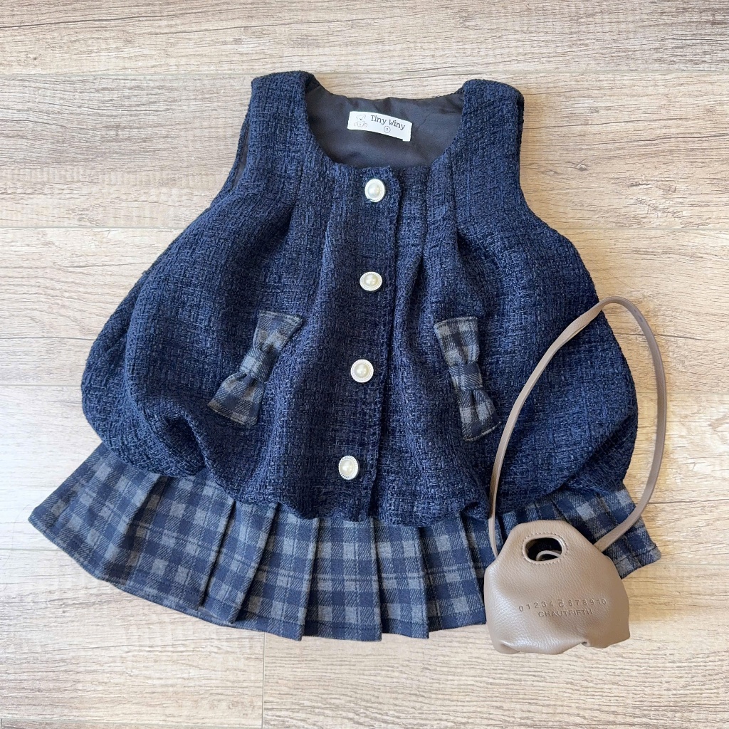 A58 Tiny Winy – Váy dạ tweed xanh navy phối chân váy caro cho bé gái