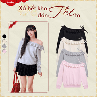  K5220 LOWKEY_ÁO SWEATER LỆCH VAI PHỐI BÈO CÓ DÂY THẮT NƠ CHẤT NỈ BÔNG MỀM MẠI 