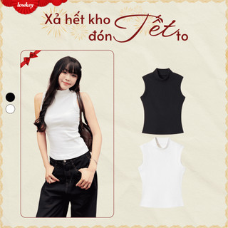  K5223 LOWKEY_ ÁO THUN CỔ LỌ NỮ KHÔNG TAY SÁT NÁCH THUN GÂN CO GIÃN THOÁNG MÁT 