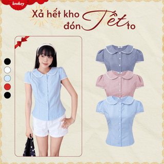  K7003 LOWKEY_ ÁO SƠ MI CỔ SEN TAY PHỒNG PHỐI REN KẺ SỌC CARO NHÍ CÓ DÂY BUỘC EO 