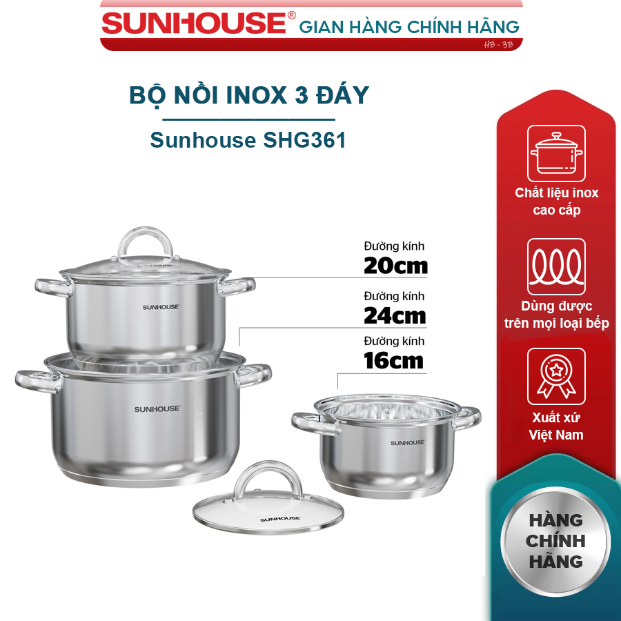 Bộ nồi inox 3 đáy Sunhouse SHG361 dùng mọi loại bếp - Chính hãng Sunhouse, sản xuất Việt Nam