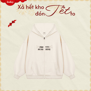   OUTLET-KHÔNG ĐỔI TRẢ  K5003 LOWKEY_ÁO KHOÁC HOODIE ZIP NỈ CHÂN CUA THÊU CHỮ OVERSIZE KEM 