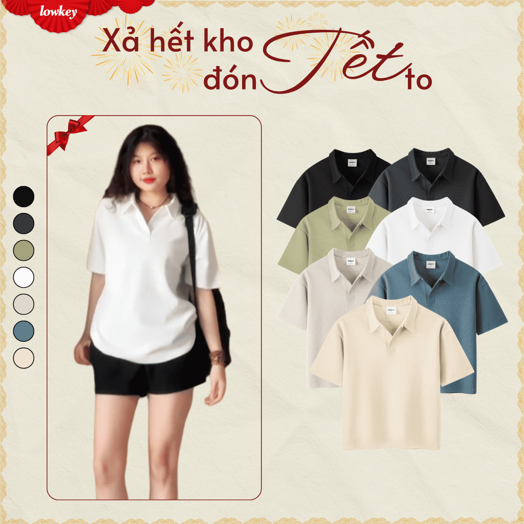   OUTLET-KHÔNG ĐỔI TRẢ  K5201 LOWKEY_ ÁO THUN POLO TRƠN DỆT KIM WAFFLE KHÔNG CÚC THẤM HÚT MỒ HÔI 