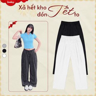  K2006 LOWKEY_QUẦN DÀI ỐNG RỘNG KẺ SỌC DÁNG SUÔNG PHỐI LƯNG CHUN MÀU TRẮNG ĐEN 
