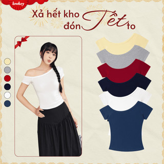  K5211 LOWKEY_ÁO LỆCH VAI ÔM BODY TAY NGẮN CHẤT THUN BORIP CO GIÃN MỀM MẠI 