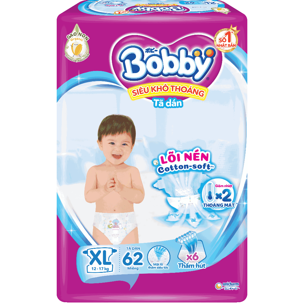 Tã dán Bobby XL62 mới- Lõi nén cotton-soft 3mm