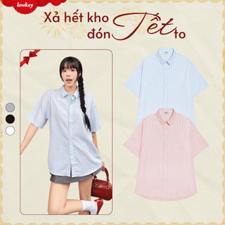  K7001 LOWKEY - Áo Sơ mi Unisex Tay Ngắn Oversize Kẻ Sọc Lụa Shirt Màu Hồng Nâu Xanh 