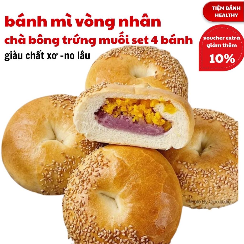 Bánh Mì Bagel Nguyên Cám Nhân Chà Bông Trứng Muối Set 4 Bánh – Eat Clean Healthy, Giàu Xơ No Lâu, Ti
