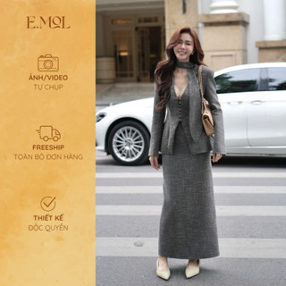  Set áo vest dài tay có dây đi rời và chân váy midi  kèm dây đai cổ  PHOM NHỎ E.MOL 