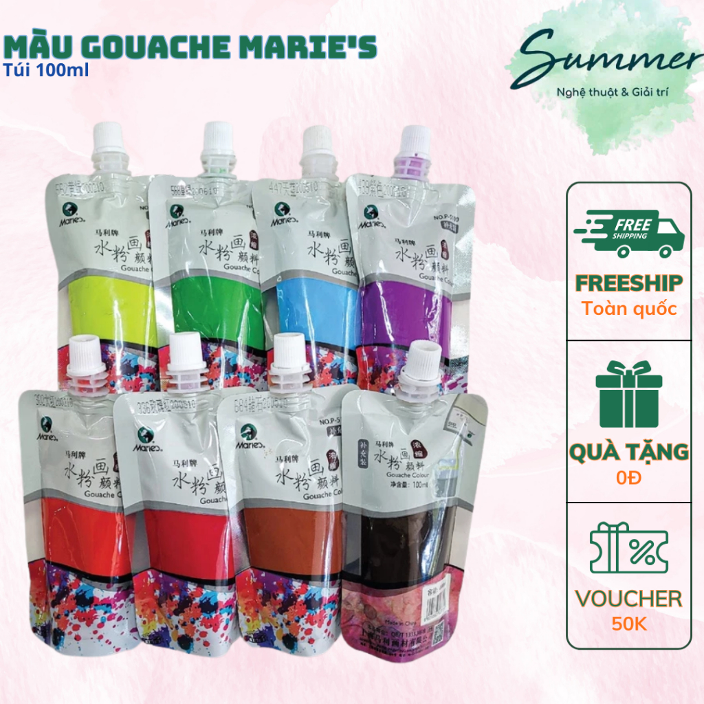 Màu Gouache Marie’s Dạng Túi 100ml Độ Đục Che Phủ Cao Mịn Matte Chồng Lớp Trên Giấy Tối – Họa cụ Summer