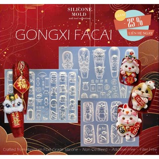  Khuôn Silicone NailCharm GONGXI FACAI 100 MẪU TẾT   ĐẦU LÂN   THẦN TÀI Sắc Nét Nặn Hoa Bột Thú Nổi 3d Dụng Cụ Nail 
