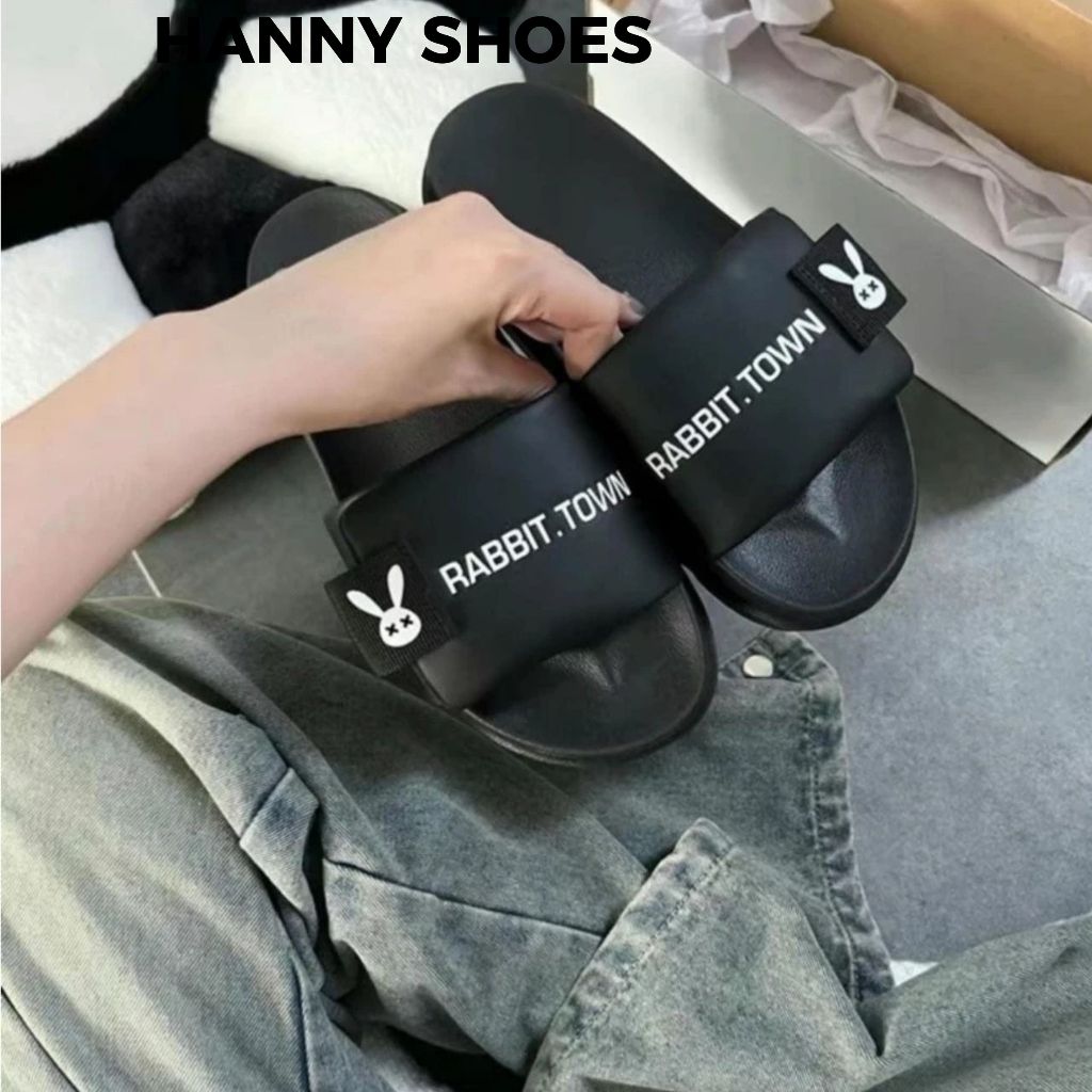 Dép quai ngang nam nữ RABIT TOWN Quai nhung thêu thỏ Đế cao 4cm kiểu dáng Bassic phong cách