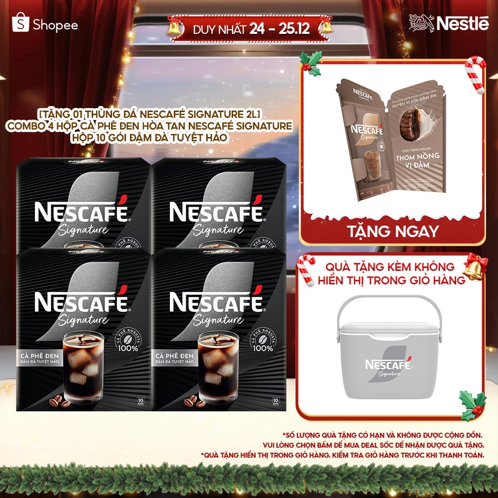 [Tặng 01 Thùng đá NESCAFÉ Signature 2L] Combo 4 hộp Cà phê đen hòa tan NESCAFÉ Signature Hộp 10 gói 