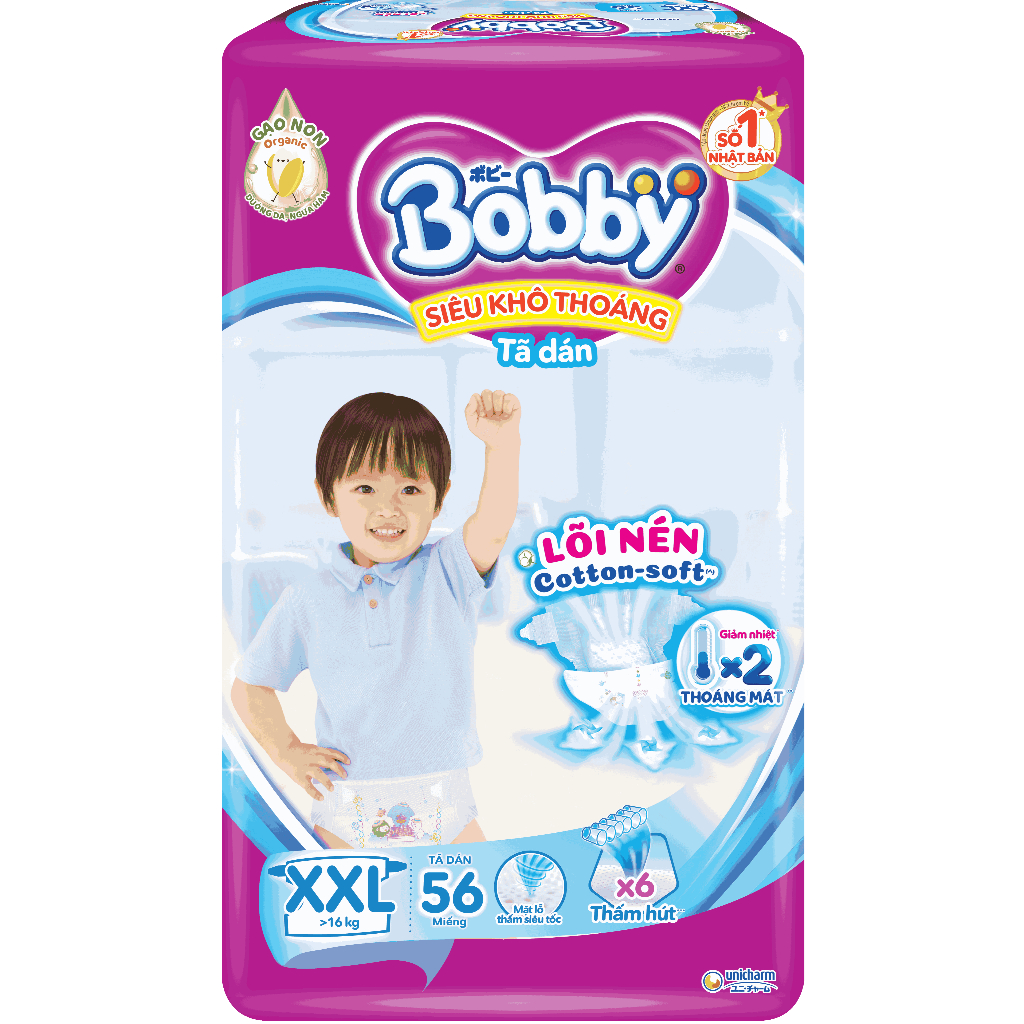 Tã dán Bobby XXL56 mới- Lõi nén cotton-soft 3mm